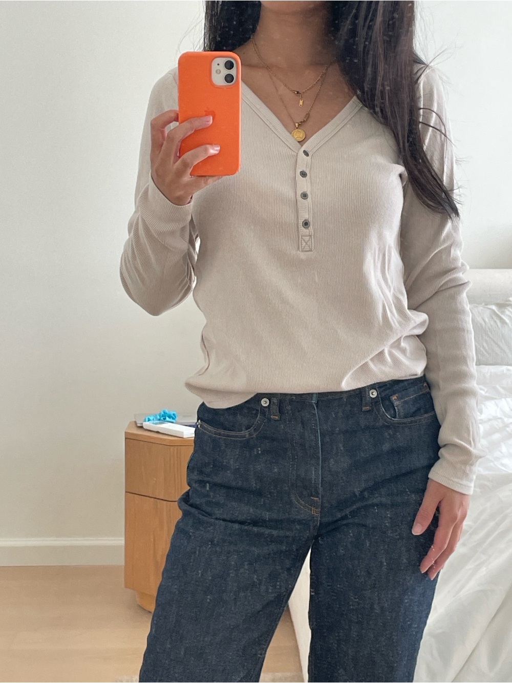 Abercrombie & Fitch Light Beige Ribbed Henley Long Sleeve